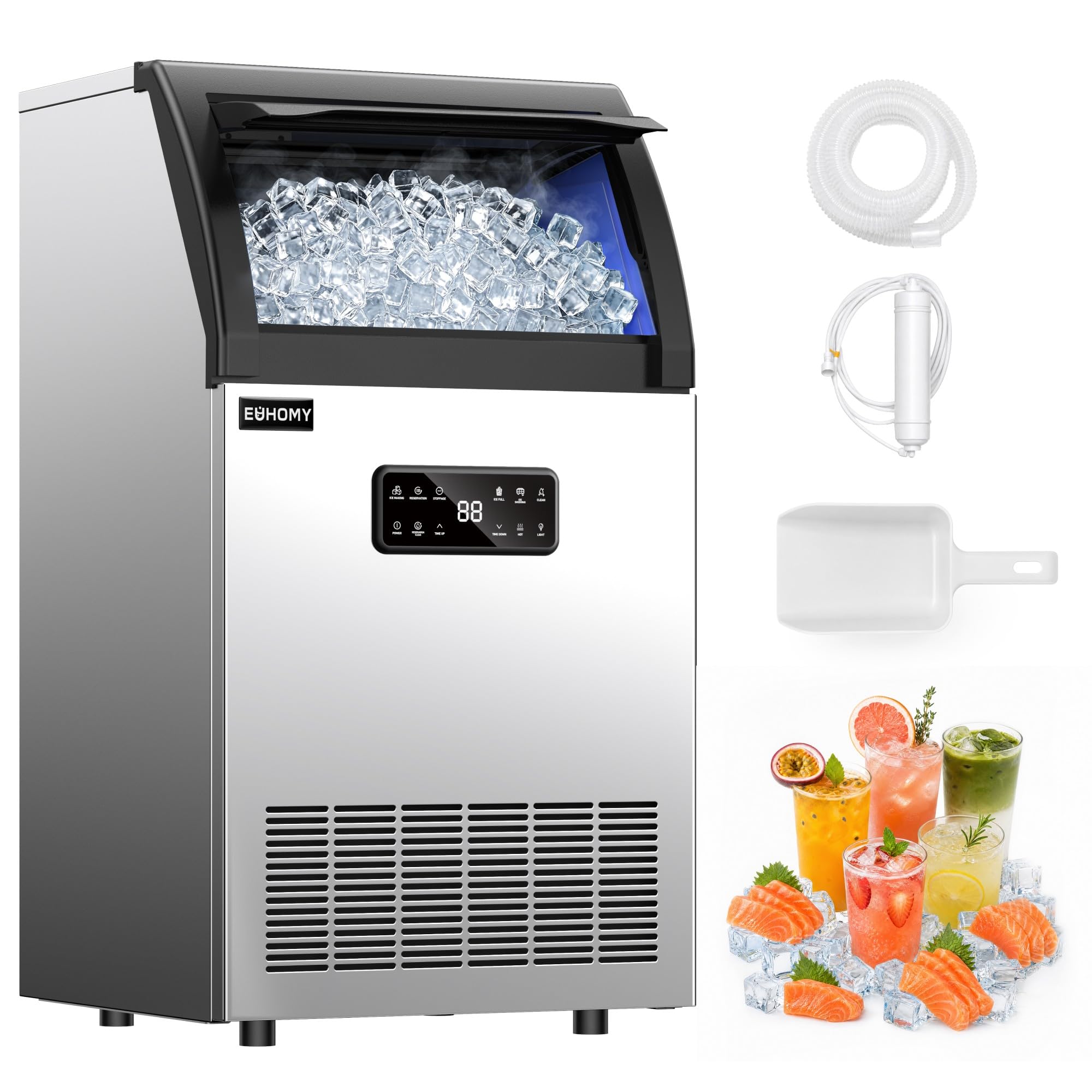 EUHOMY Commercial Ice Maker,120lbs/24H,Under Counter,33lbs Bin,Water Filter