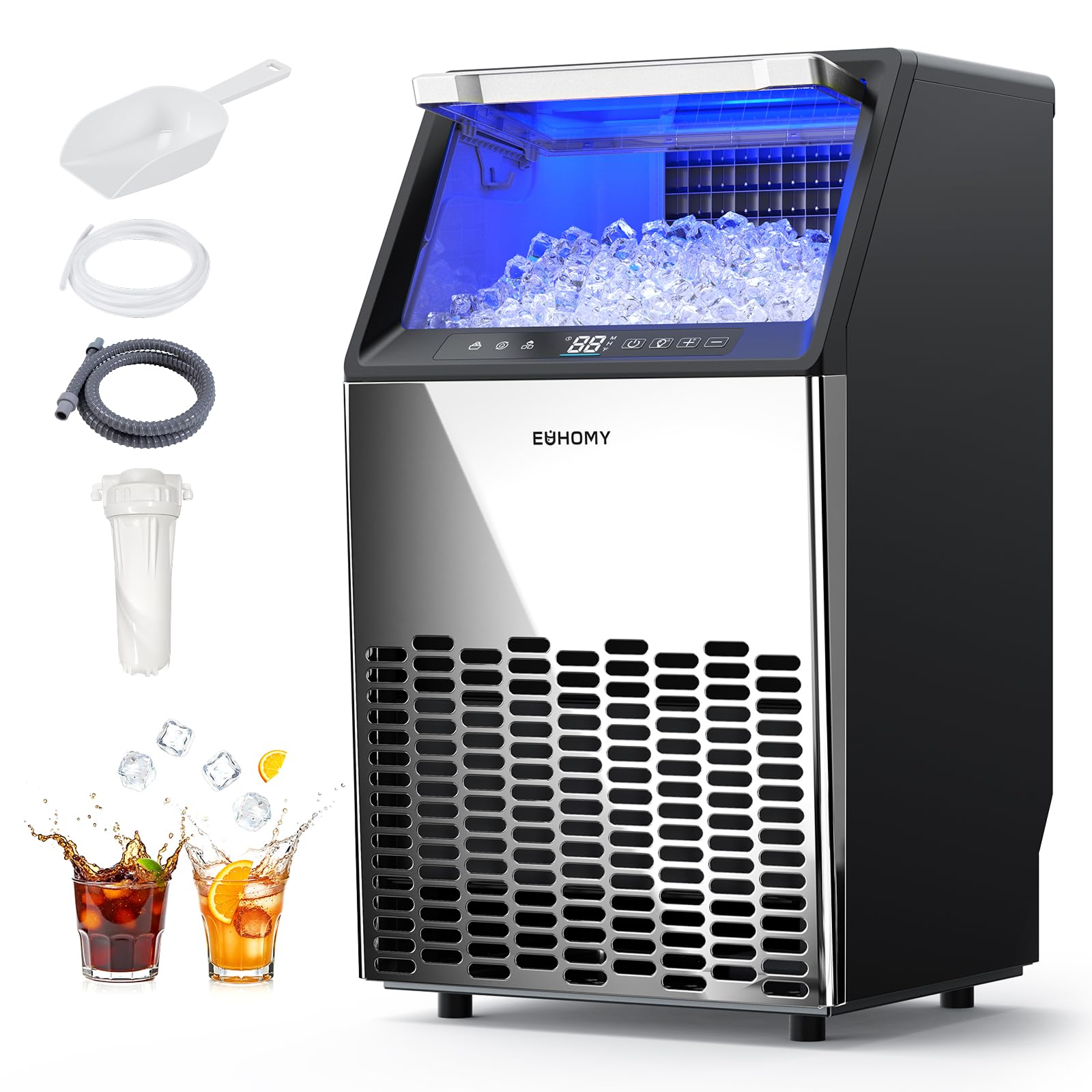 EUHOMY Commercial Ice Maker, 120lbs/24H, 33lbs Bin, Mirror-Polished Steel