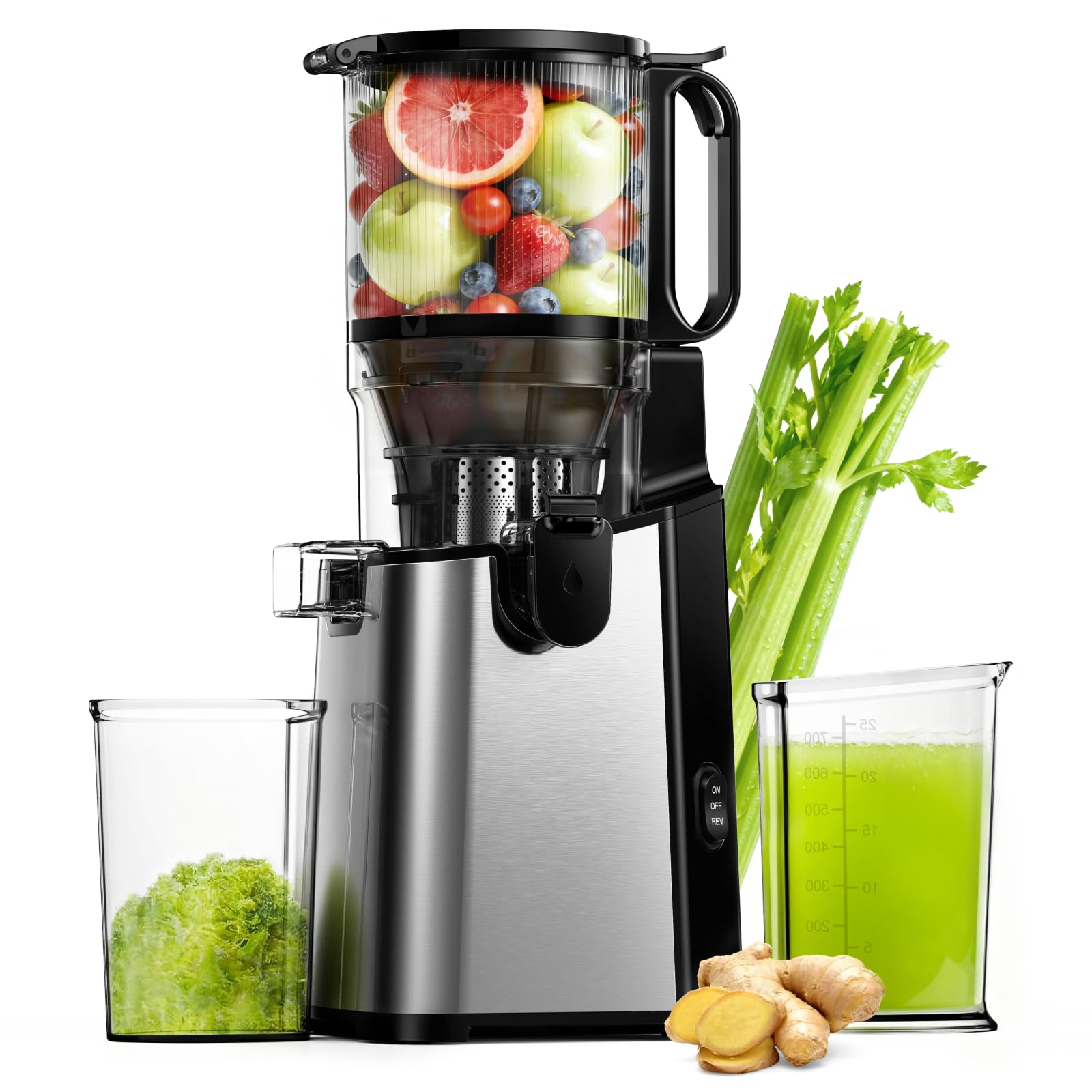 Juicer Machines, EUHOMY 5.8" Wide Feed Chute Cold Press Juicer for Whole Vegetables & Fruits with 400W, High Juice Yield, Easy to clean, Black Stainless Steel
