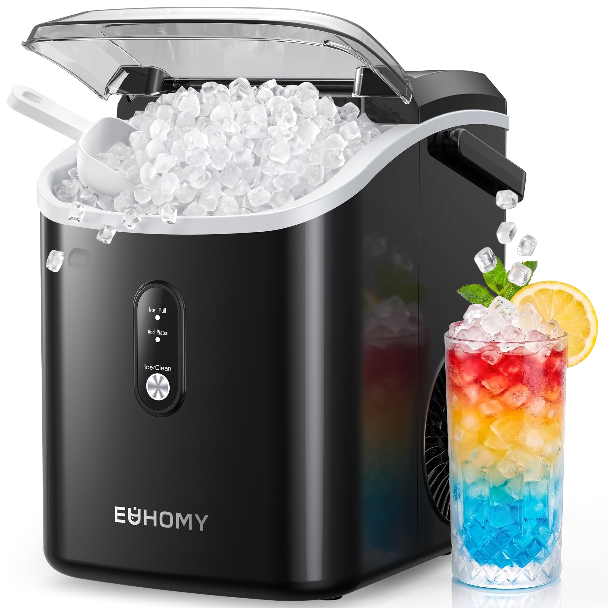 EUHOMY Nugget Ice Maker Countertop with Handle, Ready in 6 Mins, 34lbs Per Day, Removable Top Cover, Auto-Cleaning, Portable Sonic Ice Maker with Basket and Scoop, for Home/Party/RV/Camping (Black)