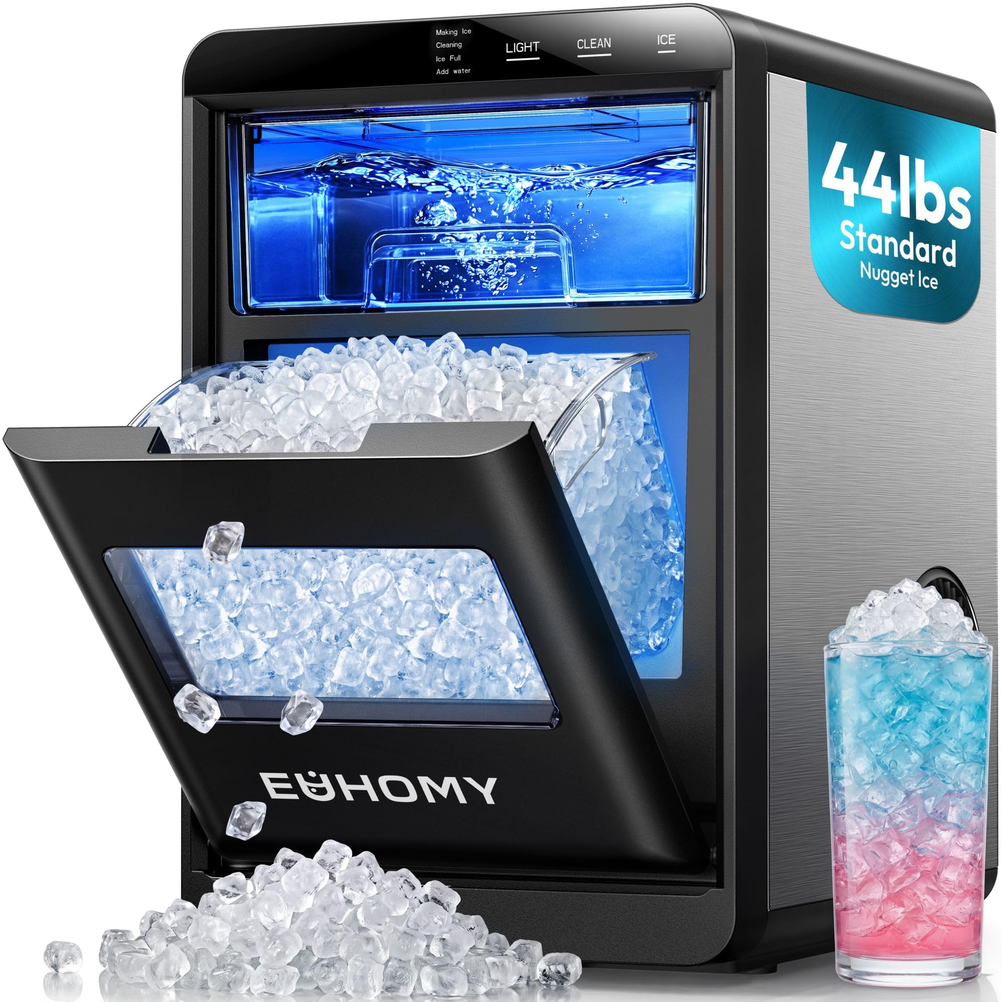 EUHOMY Nugget Ice Maker Countertop, 44Lbs/24H Sonic Ice Maker Machine, Self-Cleaning Pellet Ice Makers with Ice Scoop&Basket, Countertop Pebble Ice Maker for Home/Kitchen/Office