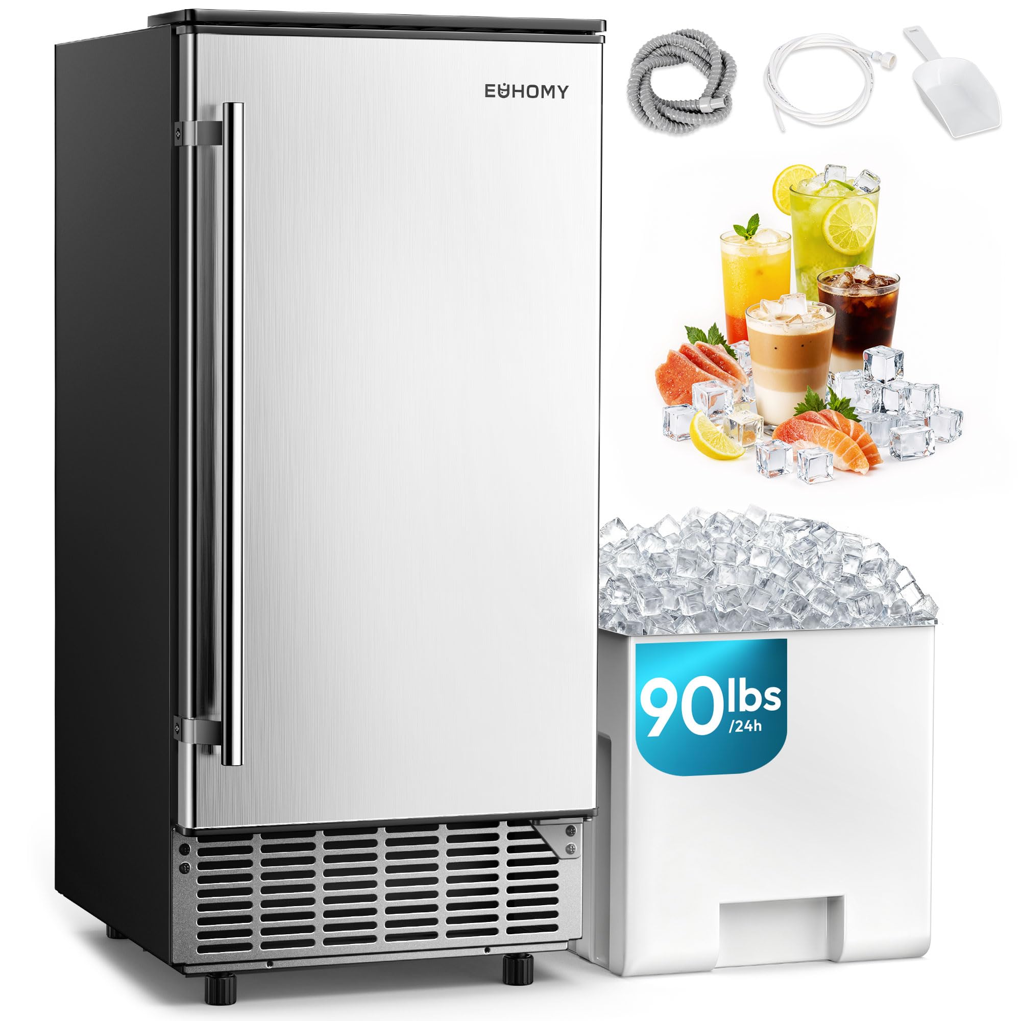 EUHOMY 15" Under Counter Ice Maker, 90lbs/24H, 24lb Bin, Gravity Drainage