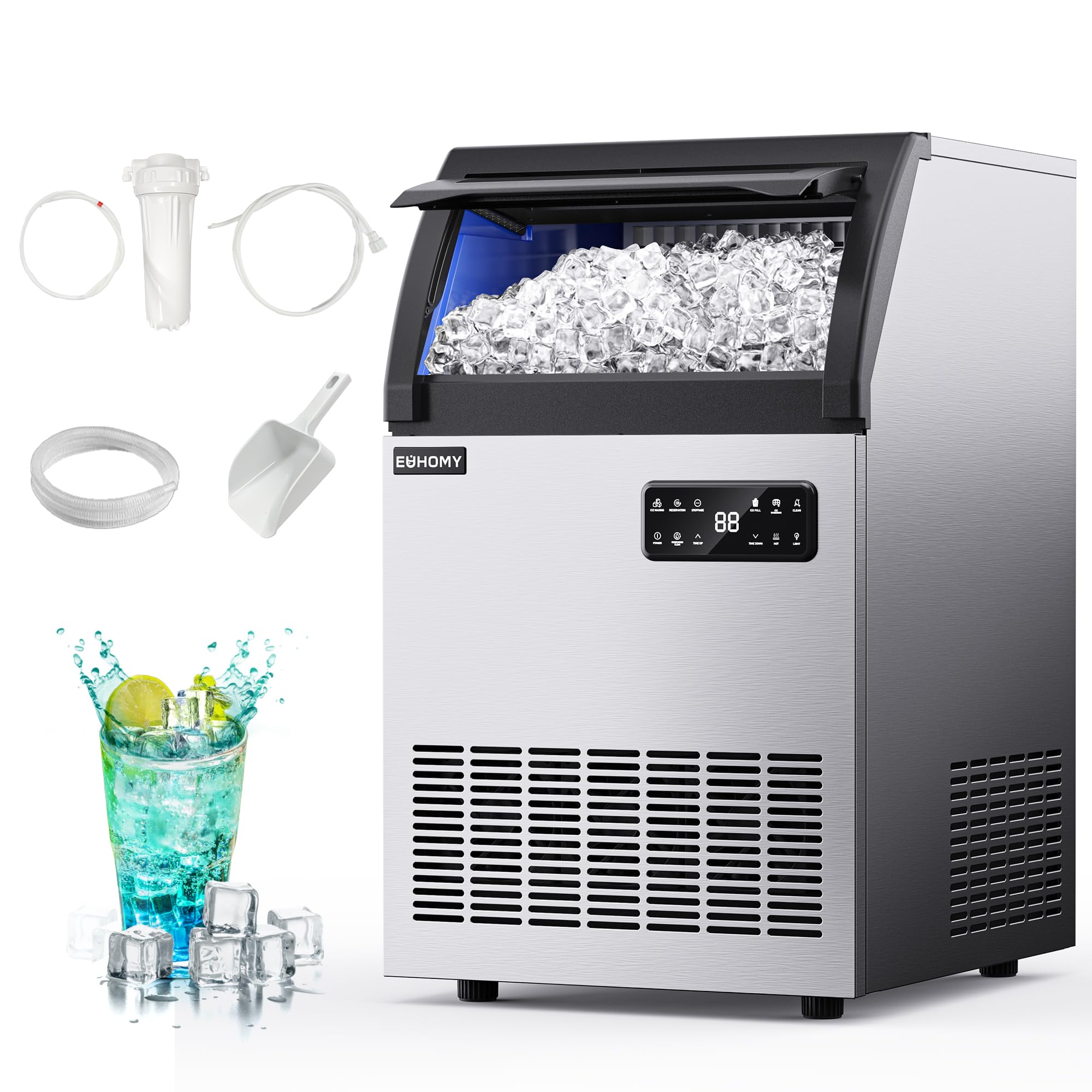 EUHOMY Commercial Ice Maker,200lbs/24H,Stainless Steel Under Counter Ice Machine with Water Filter,33lbs Storage Capacity, 84 Cubes in 8-12 Mins, Freestanding Ice Machine for Home/Bar/Cafe/Restaurant