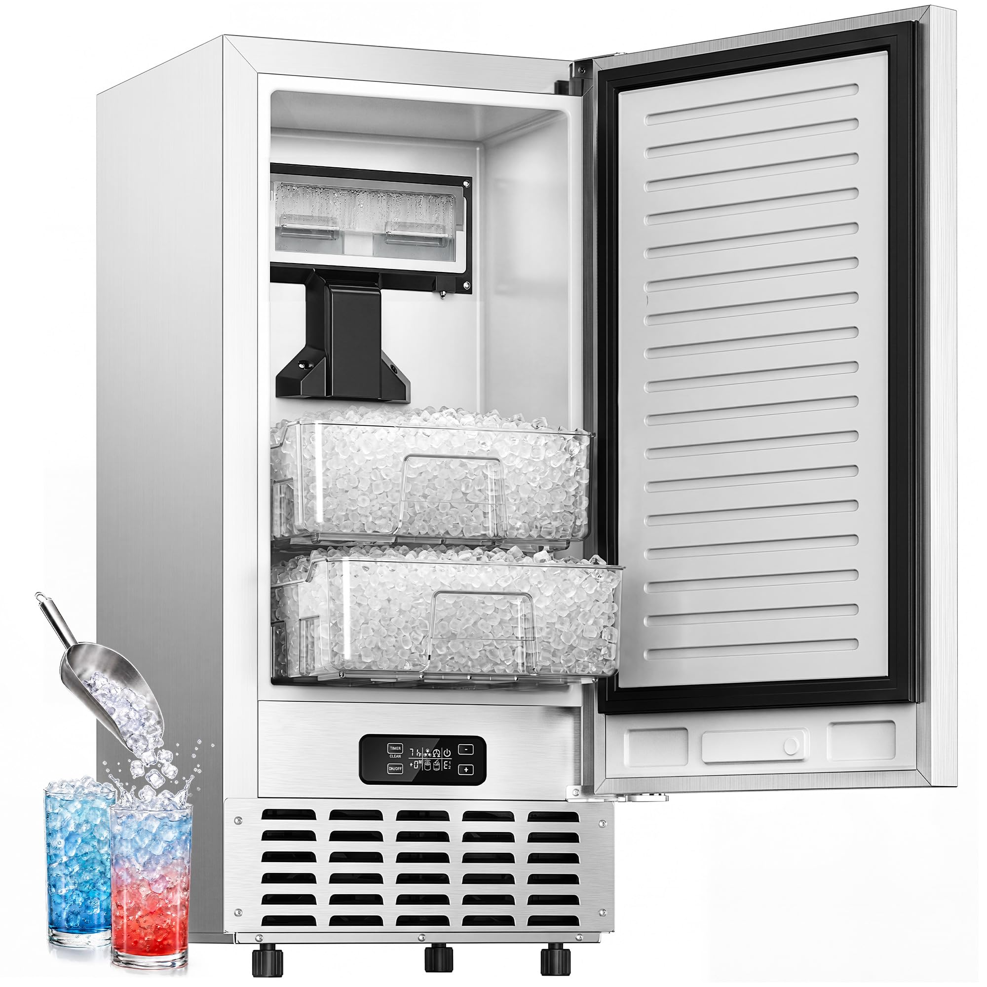 EUHOMY Under Counter Nugget Ice Maker Machine, 70Lbs/Day, Bulit-in Freestanding Ice Maker with Double Ice Baskets, Self-Cleaning & 24H Timer Ice Machine, for Home Use(Silver)